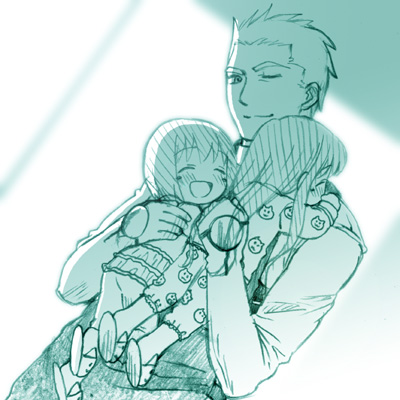 st parasu, archer (fate), matou sakura, tohsaka rin, fate/stay night, fate (series), lowres, 00s, 1boy, 2girls, aged down, aqua theme, hug, monochrome, multiple girls, wink