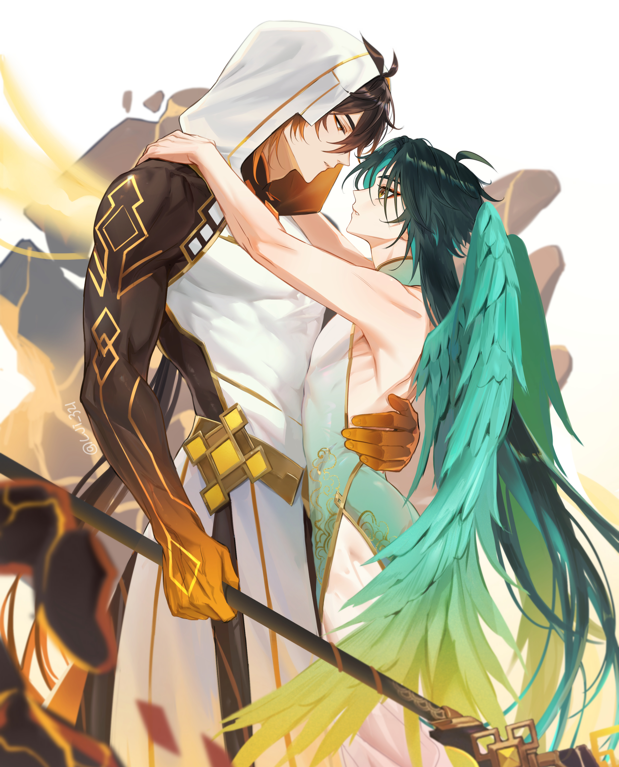 lji 321, xiao (genshin impact), zhongli (archon) (genshin impact), zhongli (genshin impact), genshin impact, absurdres, highres, 2boys, aqua hair, aqua wings, arm tattoo, armpits, black hair, brown hair, china dress, chinese clothes, dress, gradient hair, hair between eyes, holding, holding polearm, holding weapon, hood, hood up, long hair, male focus, multicolored hair, multiple boys, official alternate costume, polearm, tattoo, weapon, white hood, yaoi, yellow eyes