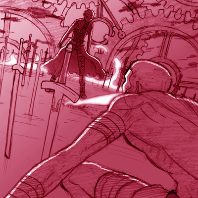 st parasu, archer (fate), hassan of the cursed arm (fate), fate/stay night, fate (series), lowres, 00s, 2boys, male focus, monochrome, multiple boys, pink theme, unlimited blade works (reality marble)