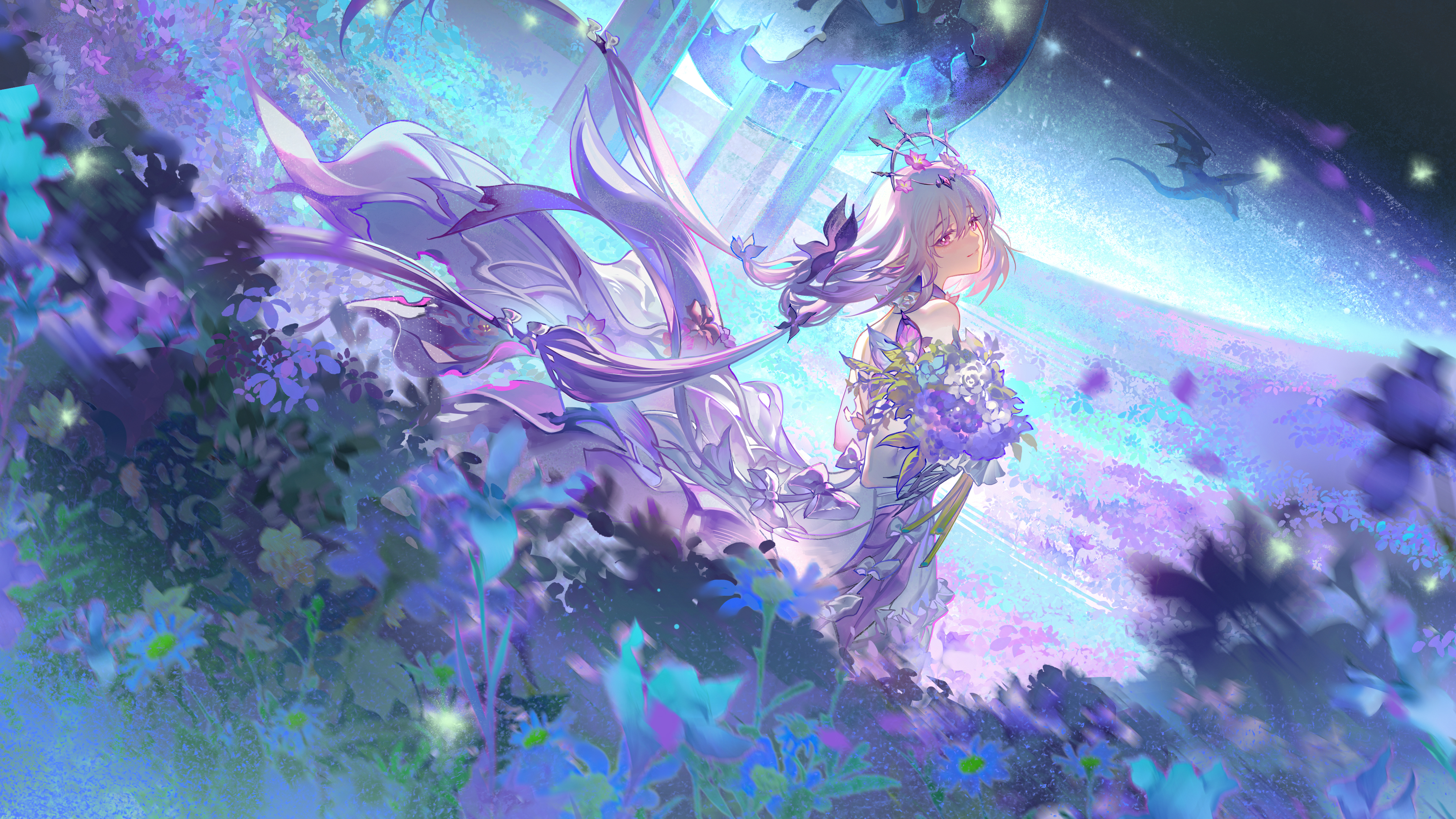 yinzinmiemie, castorice (honkai: star rail), honkai: star rail, honkai (series), absurdres, highres, second-party source, 1girl, bare shoulders, black tiara, bouquet, bright pupils, bug, butterfly, closed mouth, dress, floating hair, flower, from behind, grey hair, holding, holding bouquet, insect, long hair, outdoors, purple butterfly, purple eyes, purple hair, smile, solo, tiara, white dress, white pupils