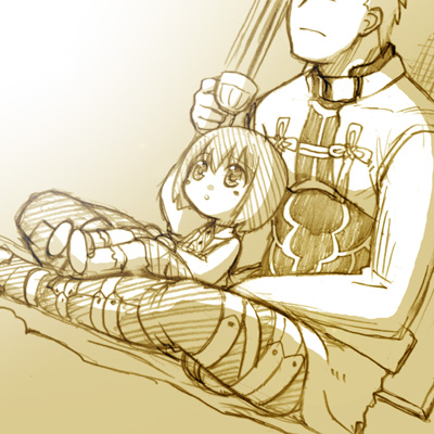 st parasu, archer (fate), matou sakura, fate/stay night, fate (series), lowres, 00s, 1boy, 1girl, aged down, monochrome, yellow theme