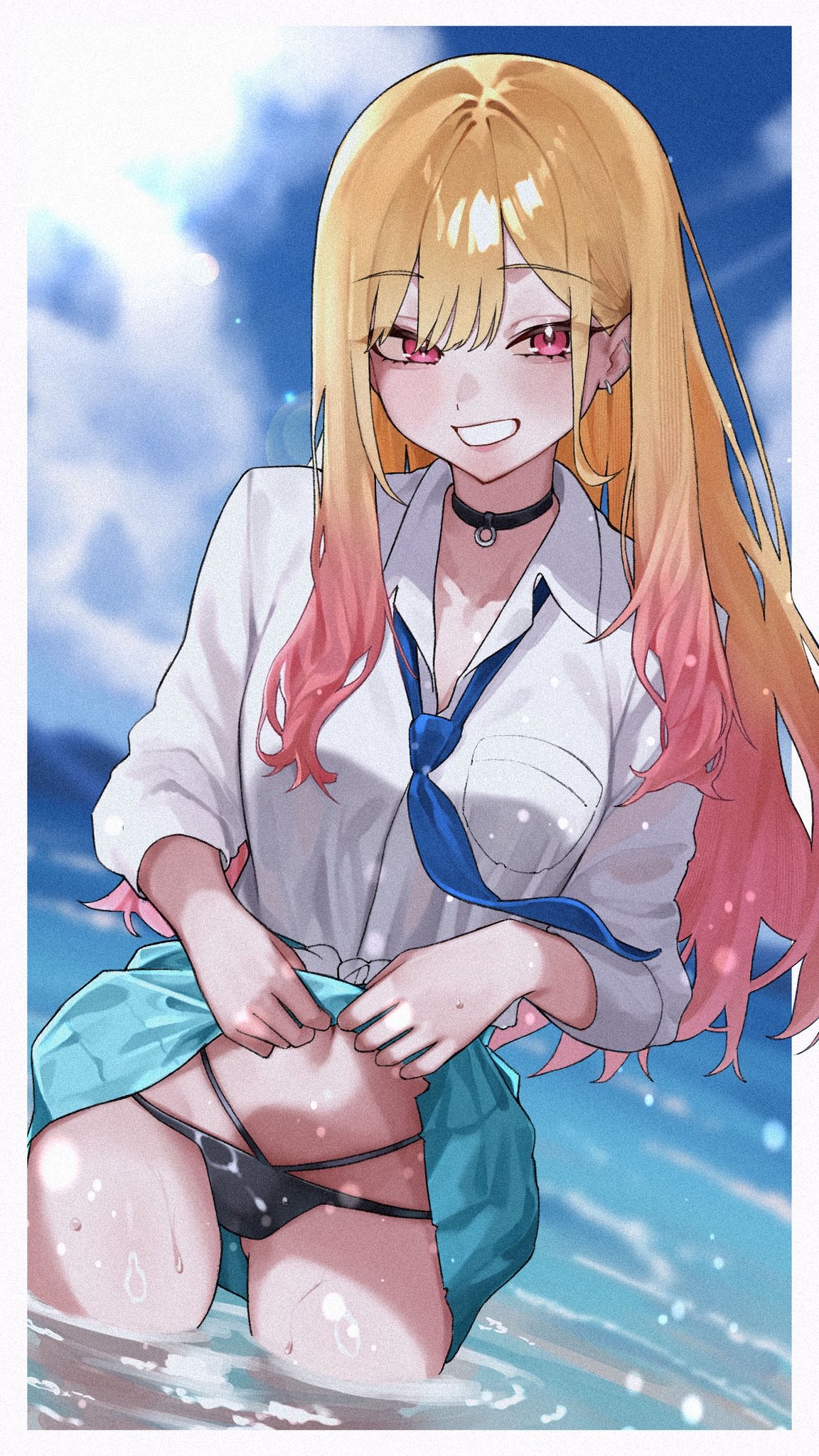 taroekaki, kitagawa marin, sono bisque doll wa koi wo suru, commentary, highres, 1girl, :d, artist name, bikini, bikini under clothes, black bikini, black choker, blonde hair, blue necktie, blue skirt, blush, border, choker, clothes lift, collared shirt, cowboy shot, dress shirt, dutch angle, eyelashes, eyes visible through hair, film grain, gluteal fold, gradient hair, grin, lifting own clothes, long hair, long sleeves, looking at viewer, miniskirt, multi-strapped bikini bottom, multicolored hair, navel, necktie, ocean, open mouth, pink hair, pleated skirt, red eyes, ripples, shirt, skirt, skirt lift, sleeves rolled up, smile, solo, swimsuit, tsurime, very long hair, wading, water, wet, white border, white shirt