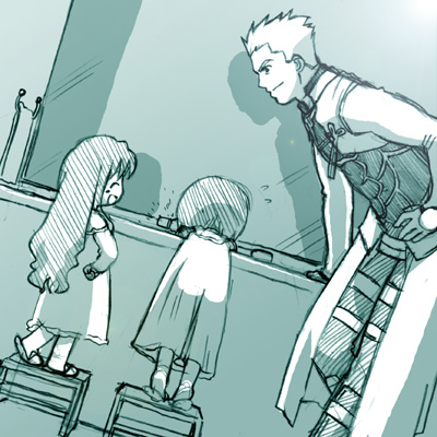 st parasu, archer (fate), matou sakura, tohsaka rin, fate/stay night, fate (series), lowres, 00s, 1boy, 2girls, aged down, aqua theme, footstool, monochrome, multiple girls