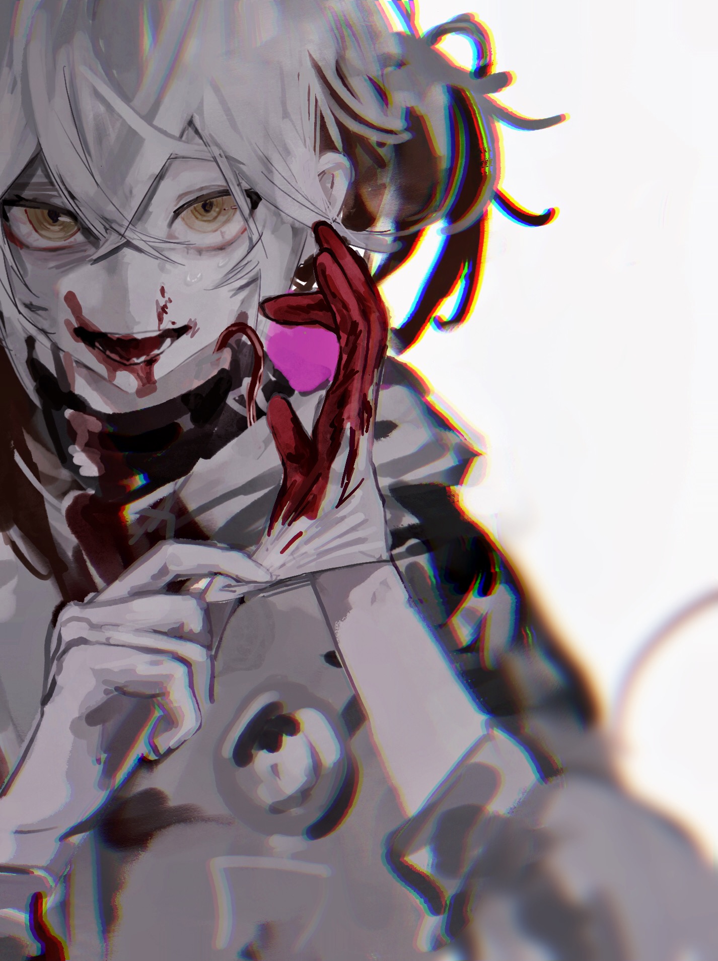 niezaozhe113, medicine pocket, reverse:1999, highres, 1other, :d, adjusting clothes, adjusting gloves, blood, blood on face, blood on gloves, brown hair, coat, colored tips, glove pull, gloves, hands up, multicolored hair, open mouth, smile, solo, upper body, white background, white coat, white gloves, white hair, yellow eyes