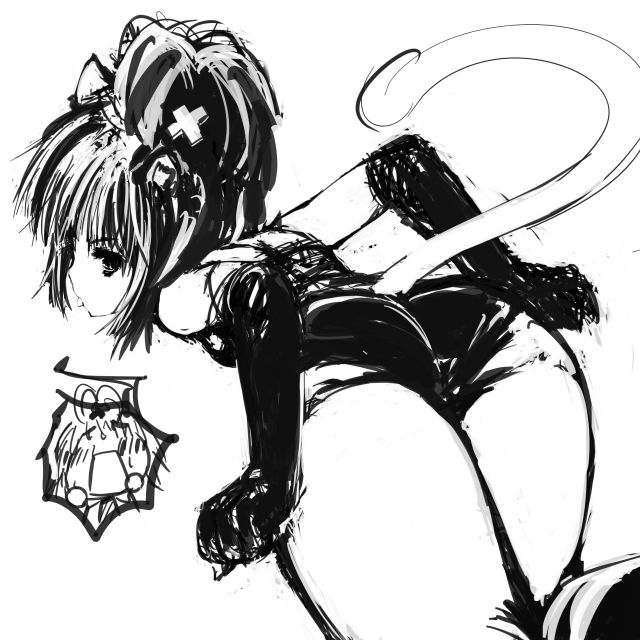 bikkuri doubutsu, hinamori amu, shugo chara!, animal ears, cat ears, cat tail, greyscale, monochrome, solo, tail
