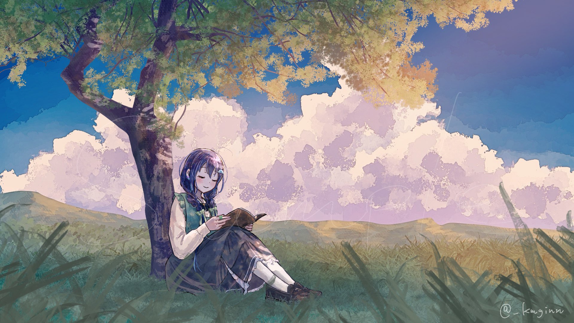kumagai nono, indie virtual youtuber, braided twintails, commentary request, highres, 1girl, black shoes, black skirt, blue hair, blue sky, blush, book, bow, braid, closed eyes, cloud, collared shirt, earrings, grass, green bow, green jacket, hair bow, hair ornament, holding, holding book, horizon, jacket, jewelry, knees up, loafers, long sleeves, mayano ame (vtuber), on ground, outdoors, ring, scenery, shirt, shoes, signature, sitting, skirt, sky, smile, socks, solo, tree, tree shade, twintails, twitter username, umbrella hair ornament, under tree, virtual youtuber, watermark, white shirt, white socks, wide shot