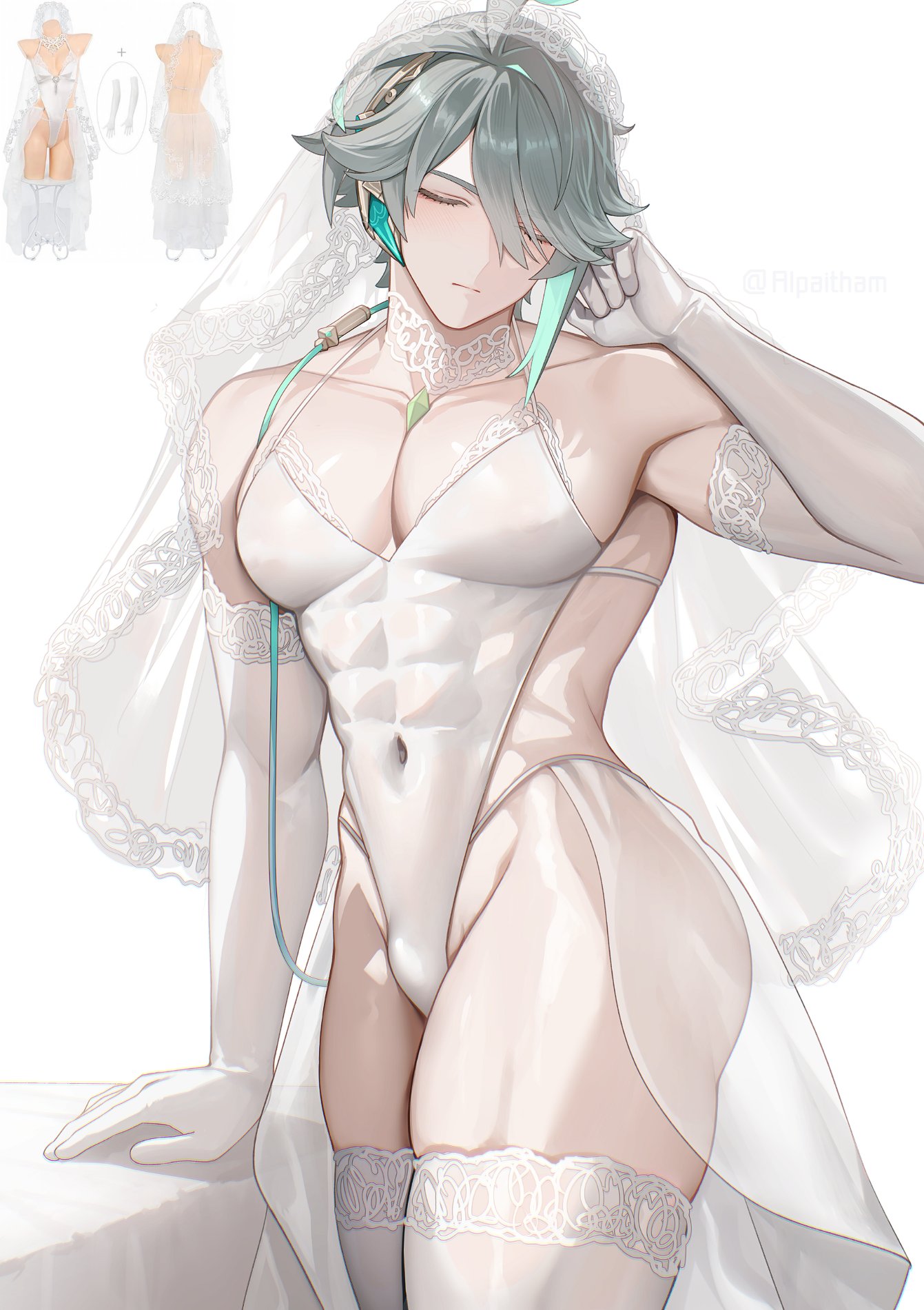 alpaitham, alhaitham (genshin impact), genshin impact, highres, 1boy, abs, bulge, cape, closed eyes, gloves, grey hair, hair between eyes, leotard, male focus, multicolored hair, muscular, muscular male, navel, short hair, solo, streaked hair, thighhighs, trap, veil, white background, white cape, white gloves, white leotard, white sleeves, white thighhighs, white veil