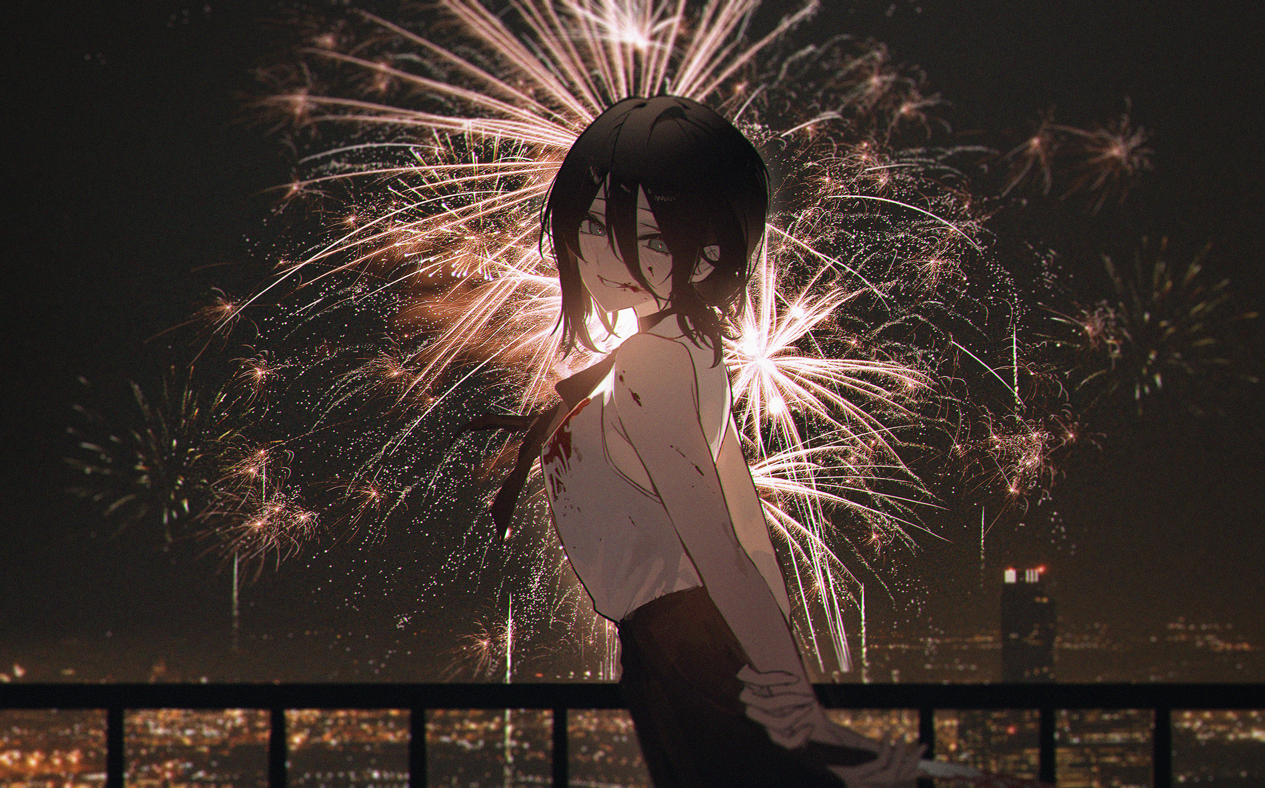 kuroduki, reze (chainsaw man), chainsaw man, commentary, english commentary, highres, 1girl, arms behind back, bare shoulders, black choker, black hair, black ribbon, black shorts, blood, blood on clothes, blood on face, blurry, blurry background, choker, cowboy shot, fireworks, from side, green eyes, hair between eyes, looking at viewer, night, outdoors, parted lips, ribbon, shirt, short hair, shorts, sleeveless, sleeveless shirt, solo, white shirt