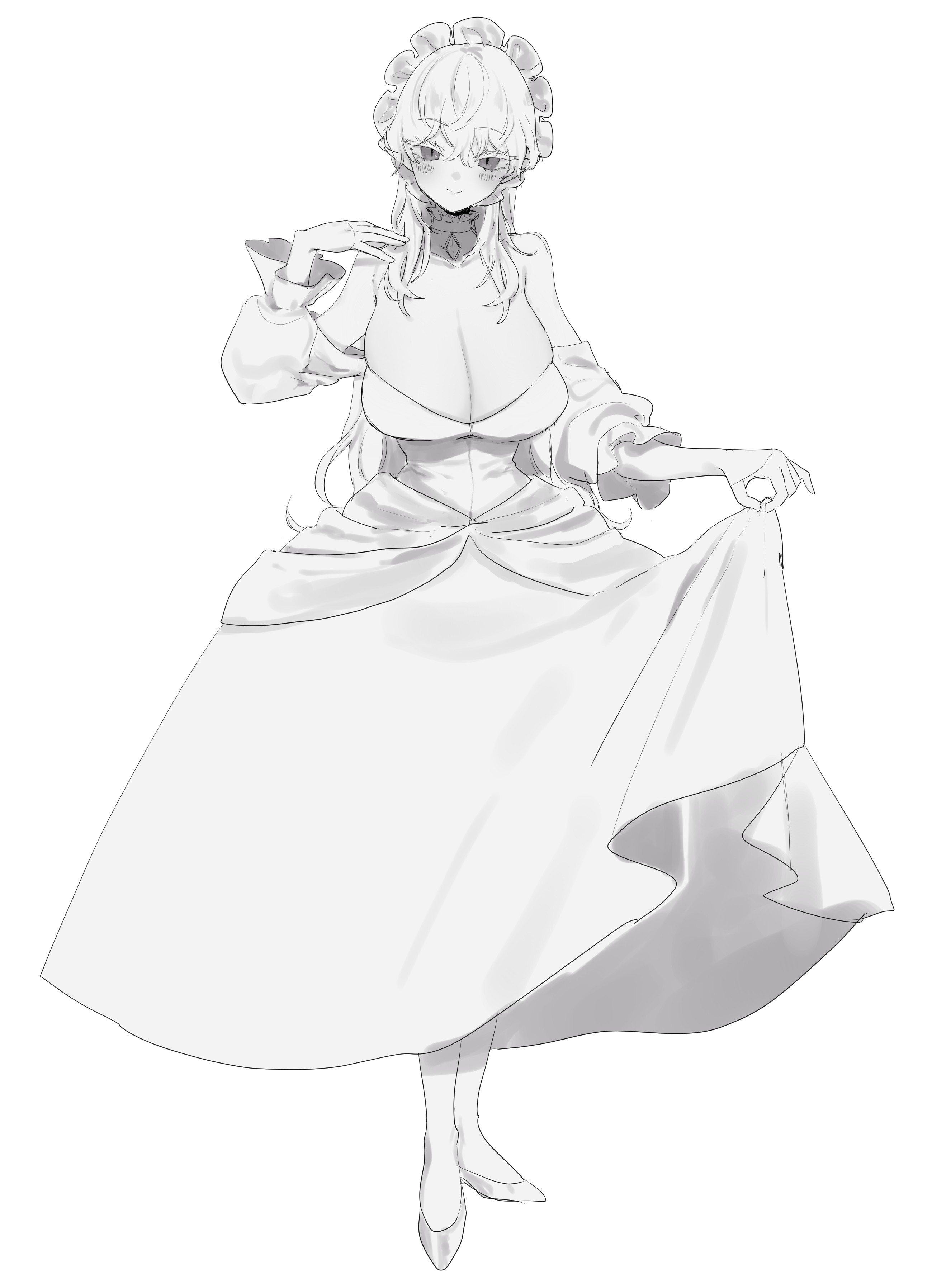 eurasia (wtp09ptw14), original, absurdres, commentary request, highres, unfinished, 1girl, bare shoulders, blush, breasts, choker, cleavage, closed mouth, dress, full body, greyscale, hair between eyes, hand up, headdress, huge breasts, long dress, long hair, long sleeves, looking at viewer, monochrome, shoes, simple background, sketch, skirt hold, smile, solo, strapless, strapless dress, white background