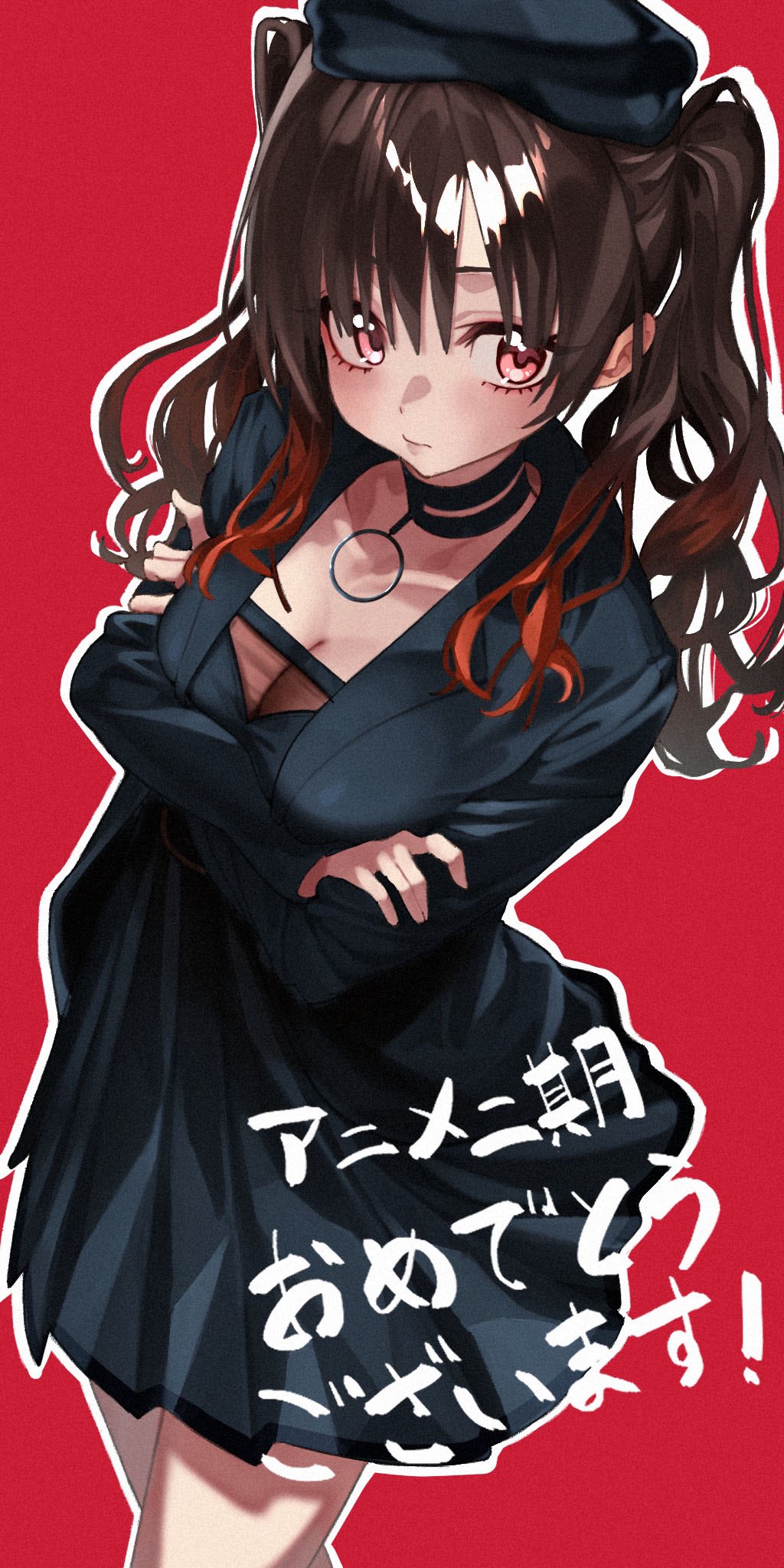taroekaki, ootsuki yoyoko, bocchi the rock!, commentary request, highres, translation request, 1girl, black choker, black dress, black hat, blush, breasts, brown hair, choker, cleavage, closed mouth, collarbone, cowboy shot, crossed arms, dress, eyelashes, film grain, frown, gradient hair, hair between eyes, hat, large breasts, long hair, long sleeves, looking at viewer, multicolored hair, orange hair, outline, red background, red eyes, sidelocks, simple background, solo, twintails, white outline