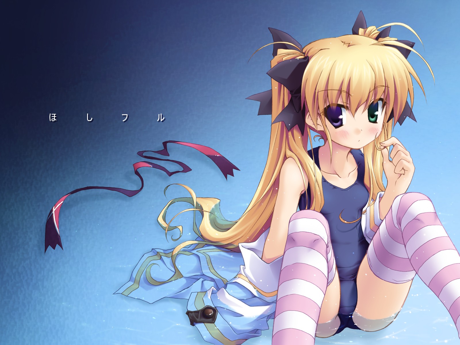 hoshikawa ruka, hoshiful, highres, non-web source, 1girl, blonde hair, female focus, heterochromia, long hair, one-piece swimsuit, ribbon, school swimsuit, school uniform, solo, striped clothes, striped thighhighs, swimsuit, thighhighs, twintails, wet