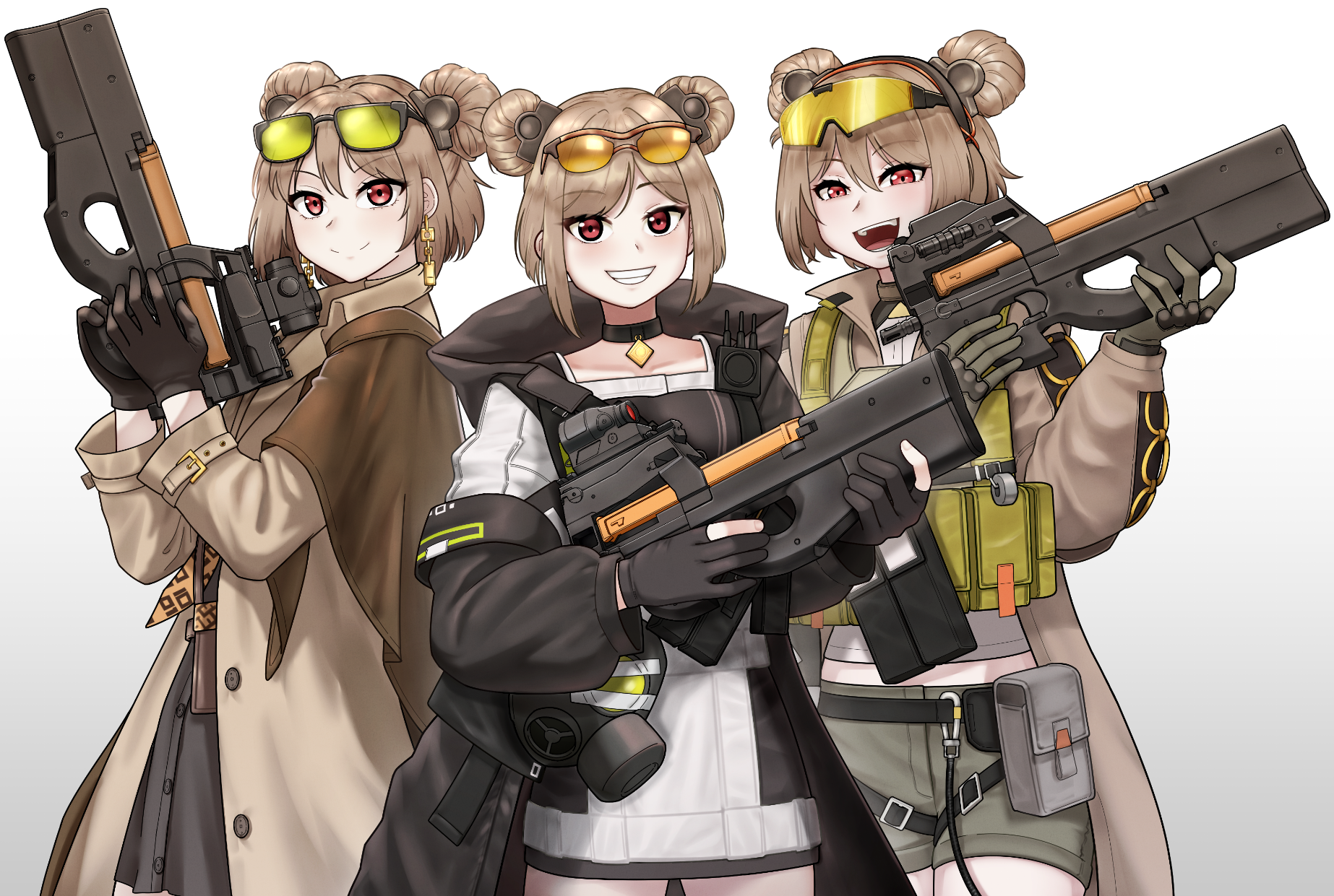 missileer, p90 (girls' frontline), p90 (phantasmal vanguard) (girls' frontline), p90 (the girl from b.e.l) (girls' frontline), girls' frontline, commentary, highres, 3girls, black choker, black gloves, black jacket, brown coat, brown hair, brown shoes, choker, clenched teeth, closed mouth, coat, double bun, eyewear on head, gas mask, gloves, gun, hair bun, holding, holding gun, holding weapon, hood, hooded jacket, jacket, looking at viewer, mask, multiple girls, multiple persona, official alternate costume, open clothes, open coat, open mouth, partially fingerless gloves, red eyes, scope, shoes, short hair, short shorts, shorts, simple background, smile, sun, tactical clothes, teeth, weapon, white background