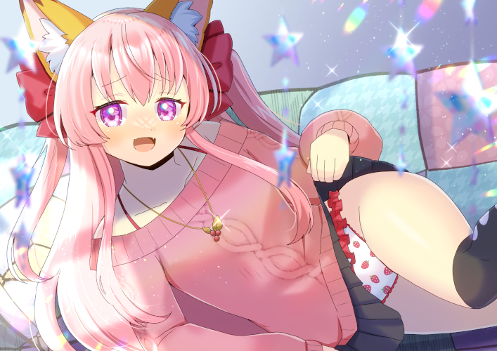 kou hiyoyo, original, commentary request, commission, skeb commission, 1girl, animal ear fluff, animal ears, black skirt, bow, clothes lift, fang, food print, fox ears, fruit print, hair bow, lifting own clothes, long hair, panties, pink hair, pink sweater, print panties, purple eyes, skirt, skirt lift, smile, solo, strawberry panties, strawberry print, sweater, underwear