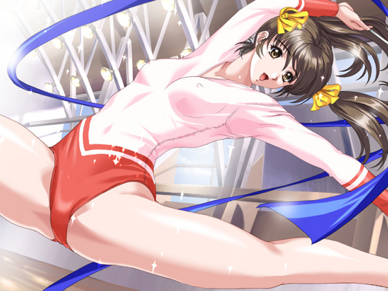 yagami unsai, hasekura aoi, eighteen ~bishoujo chikan yuugi~, interheart, game cg, non-web source, 1girl, breasts, brown eyes, brown hair, covered erect nipples, female focus, gymnastics, jumping, leotard, red leotard, rhythmic gymnastics, ribbon, ribbon baton, small breasts, smile, solo, sparkle, split, standing, standing on one leg, standing split, twintails, white leotard