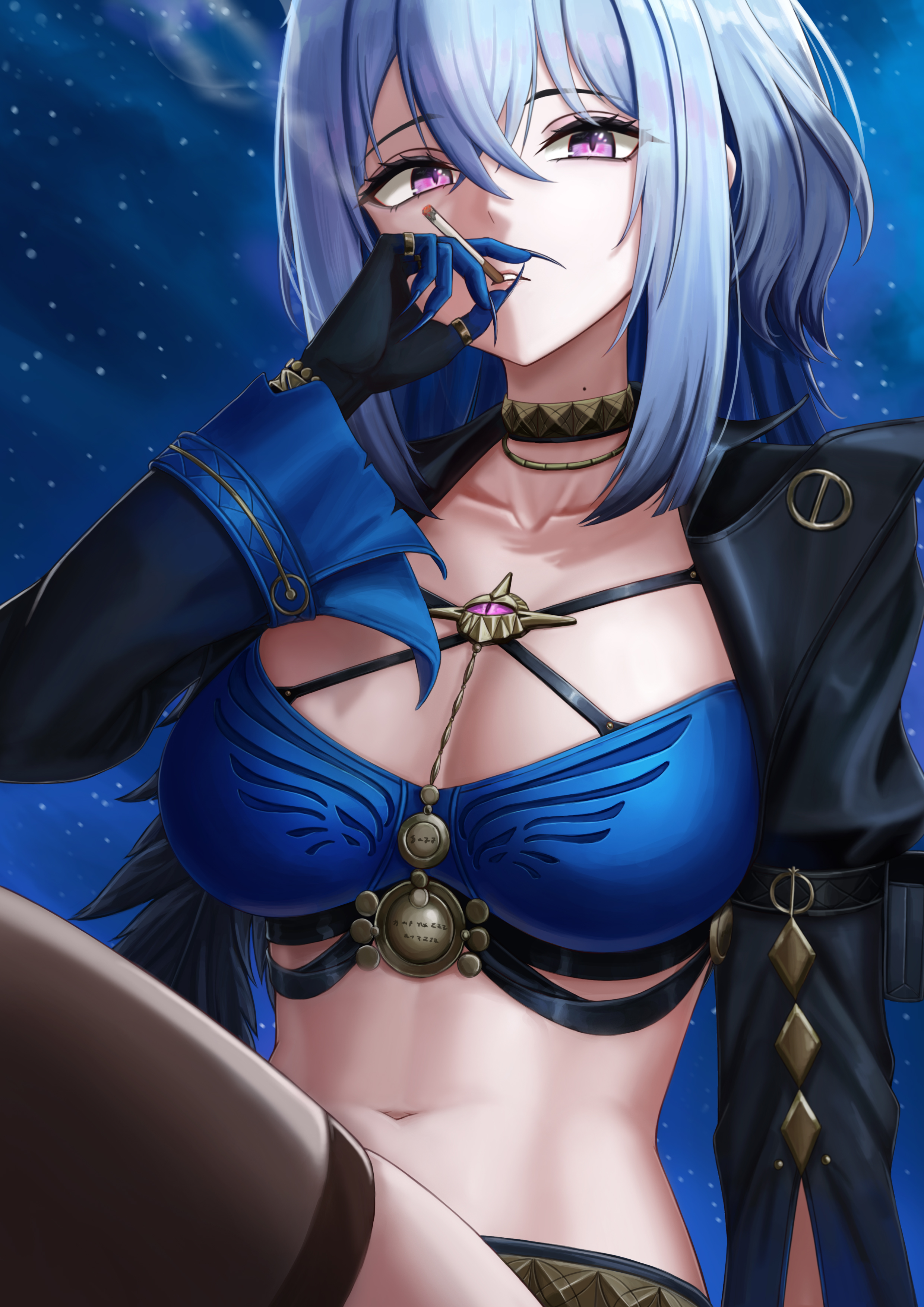 commonalty, galbrena (wuthering waves), wuthering waves, absurdres, commentary, highres, paid reward available, variant set, 1girl, black jacket, blue bra, blue nails, bra, breasts, cleavage, collarbone, fingernails, gold choker, hair between eyes, jacket, large breasts, long sleeves, looking at viewer, mole, mole on neck, navel, night, open clothes, open jacket, outdoors, parted lips, purple eyes, sharp fingernails, sitting, smoking, solo, stomach, underwear, very long fingernails