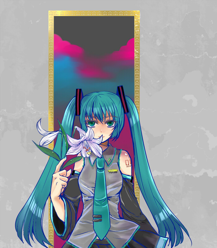 doru riheko, hatsune miku, vocaloid, blue hair, detached sleeves, flower, green eyes, long hair, necktie, solo, twintails