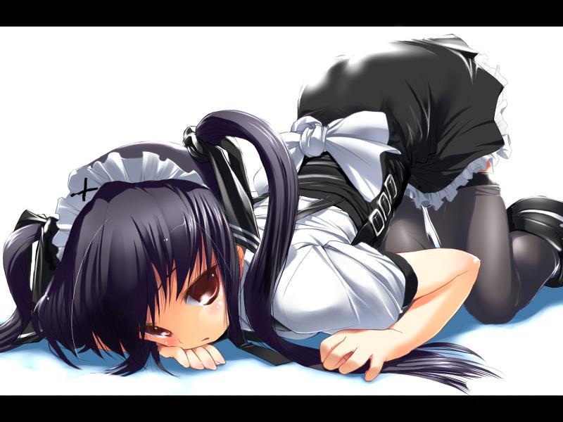 hima, kooh (pangya), pangya, non-web source, 1girl, all fours, black hair, female focus, letterboxed, long hair, maid, red eyes, solo, thighhighs, top-down bottom-up, twintails