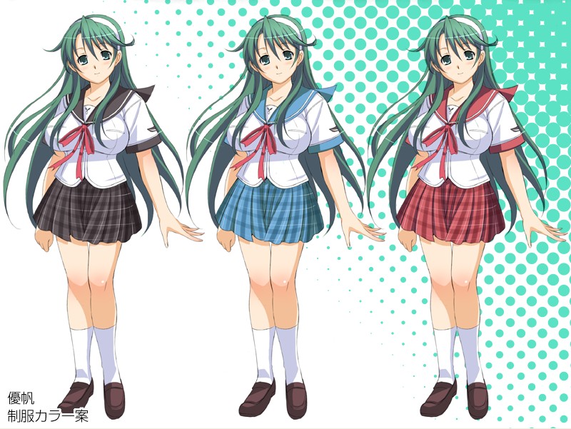 honda naoki, mogami yuuho, aiganshimai, non-web source, 1girl, alternate color, breasts, green eyes, green hair, impossible clothes, impossible shirt, large breasts, long hair, multiple views, plaid clothes, plaid skirt, school uniform, serafuku, shirt, skirt