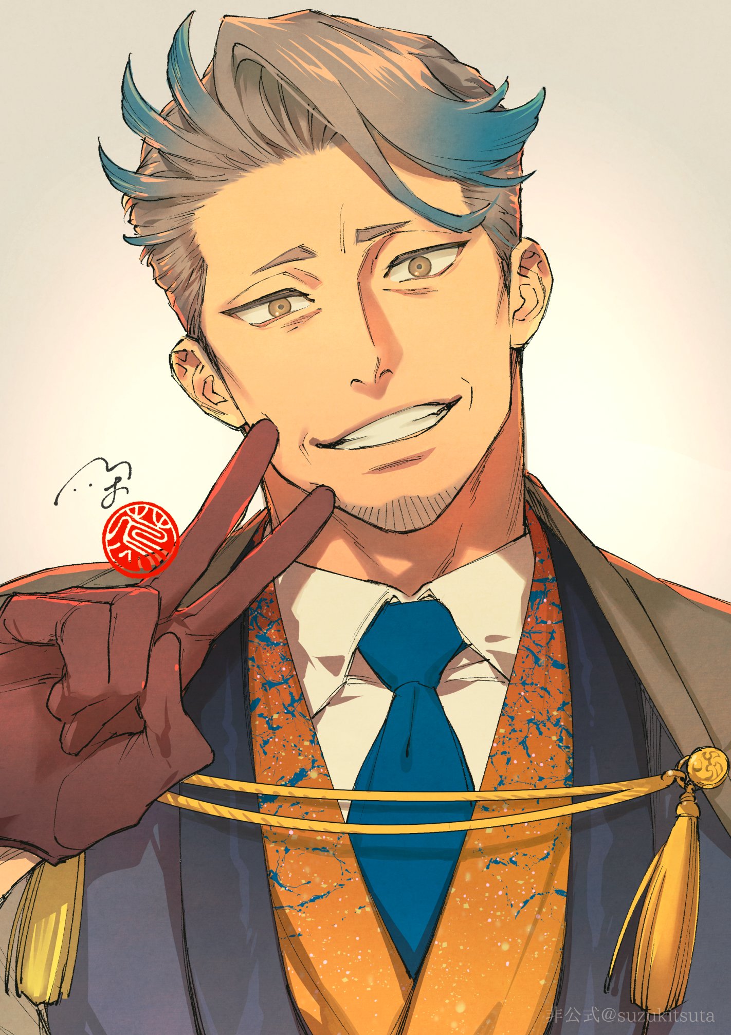 suzuki tsuta, fate/grand order, fate (series), highres, 1boy, blue corset, blue necktie, blue streaks, brown cape, brown eyes, brown gloves, cape, corset, facial hair, gloves, goatee, katsu kaishu (fate), male focus, necktie, old, old man, orange shirt, shirt, short eyebrows, smile, solo, v, white background, white hair, white shirt