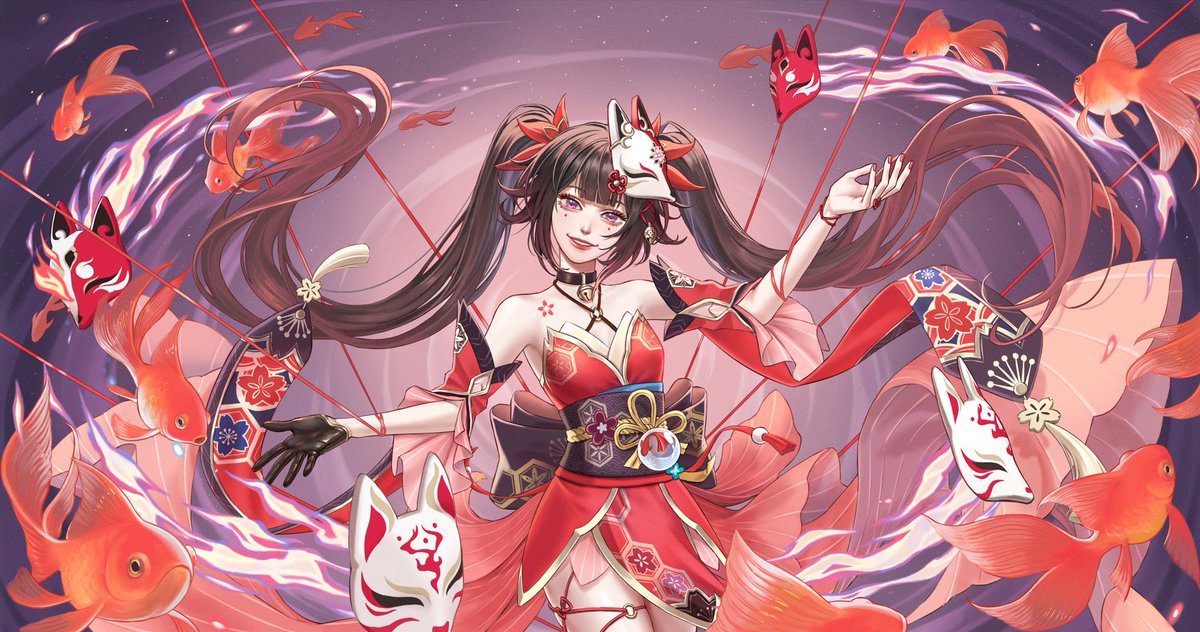 sparkle (honkai: star rail), honkai: star rail, honkai (series), 1girl, alientomoe, bare shoulders, bell, black choker, black gloves, brown hair, choker, detached sleeves, dress, fish, floating hair, flower tattoo, fox mask, gloves, goldfish, grin, halterneck, long hair, looking at viewer, mark under both eyes, mask, mask on head, neck bell, pink eyes, purple background, red dress, red nails, short dress, shoulder tattoo, single glove, sleeveless, sleeveless dress, smile, solo, string, tattoo, twintails, upper body, very long hair