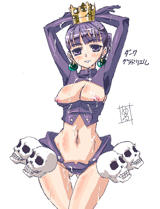 gradriel, gradriel de valendia, atlus, princess crown, 1girl, blush, breasts, crown, cum, earrings, female focus, gold crown, hip focus, jewelry, navel, nipples, purple eyes, purple hair, skull, solo, thigh gap, thighs, wide hips