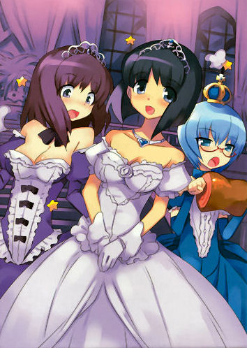 usatsuka eiji, henrietta de tristain, siesta (zero no tsukaima), tabitha (zero no tsukaima), zero no tsukaima, jpeg artifacts, lowres, 00s, 3girls, alternate costume, boned meat, breast envy, breasts, cleavage, crown, dress, food, gown, looking at breasts, meat, medium breasts, multiple girls, tiara