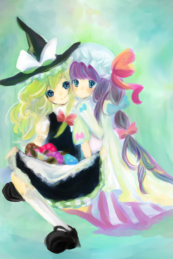 chou nemui, nemui (pixiv372315), kirisame marisa, patchouli knowledge, touhou, 2girls, blonde hair, female focus, multiple girls, mushroom