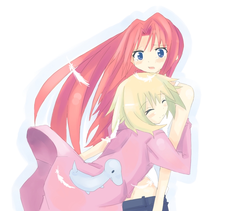 kanikama, kamio haruko, kamio misuzu, air (visual novel), 00s, blonde hair, blue eyes, feathers, hug, long hair, red hair, short hair