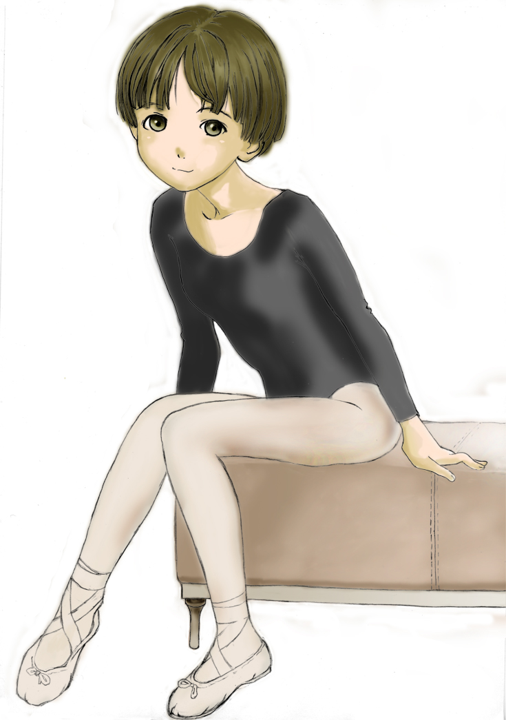kande takuma, 1girl, ballerina, ballet, ballet slippers, bob cut, breasts, brown eyes, brown hair, female focus, leotard, ottoman (furniture), pantyhose, short hair, sitting, small breasts, solo, white pantyhose