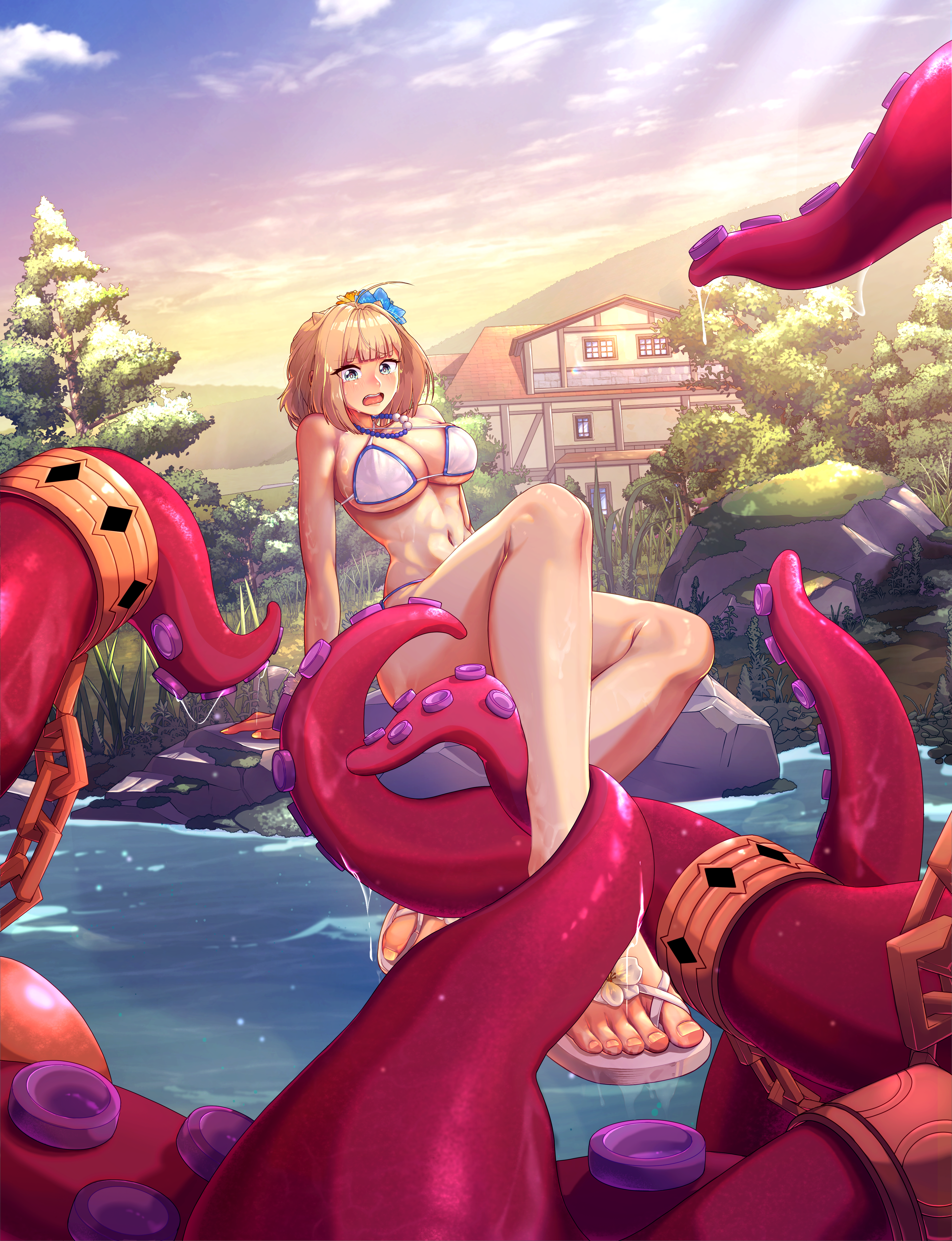 justia (brown dust), justia (hot summer dream) (brown dust), brown dust (series), brown dust 2, absurdres, highres, 1girl, armpits, bikini, blonde hair, breasts, cleavage, demon horns, forest, full body, horns, lake, large breasts, looking at viewer, monster, mountainous horizon, nature, navel, octopus, open mouth, sandals, short hair, sitting, small horns, solo, stomach, swimsuit, teeth, tentacles, toes, upper teeth only, white bikini, white sandals, yangkochi