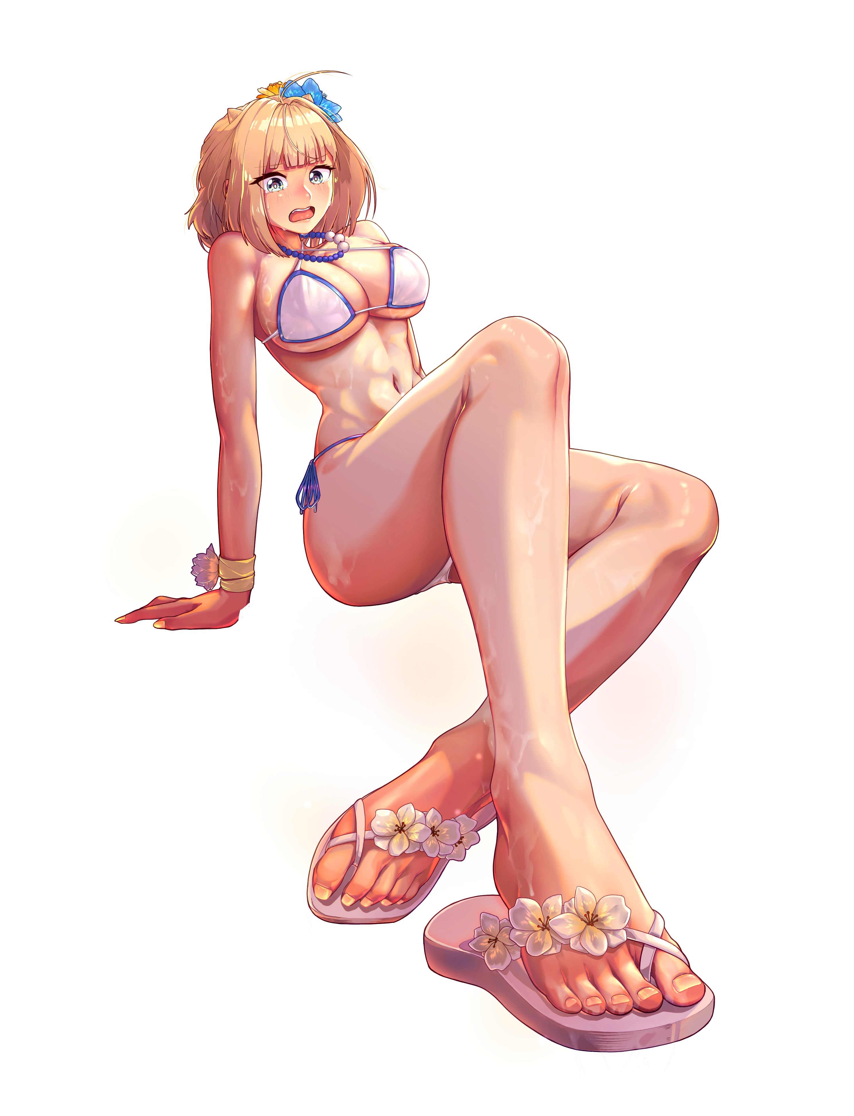 justia (brown dust), justia (hot summer dream) (brown dust), brown dust (series), brown dust 2, absurdres, highres, 1girl, armpits, bikini, blonde hair, breasts, cleavage, demon horns, full body, horns, large breasts, looking at viewer, navel, open mouth, sandals, short hair, simple background, small horns, solo, stomach, swimsuit, teeth, toes, upper teeth only, white background, white bikini, white sandals, yangkochi