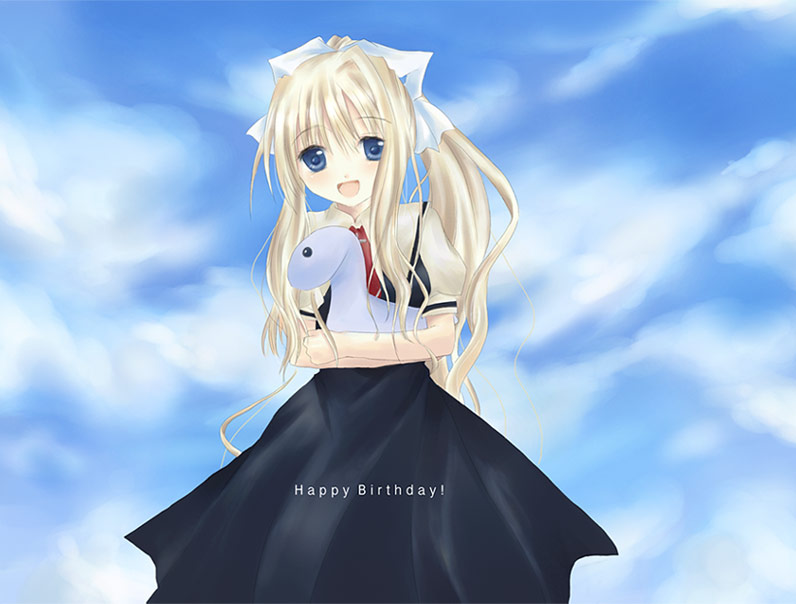 kamio misuzu, air (visual novel), 00s, blonde hair, blue eyes, day, hair ribbon, long hair, ponytail, ribbon, school uniform, sky, solo