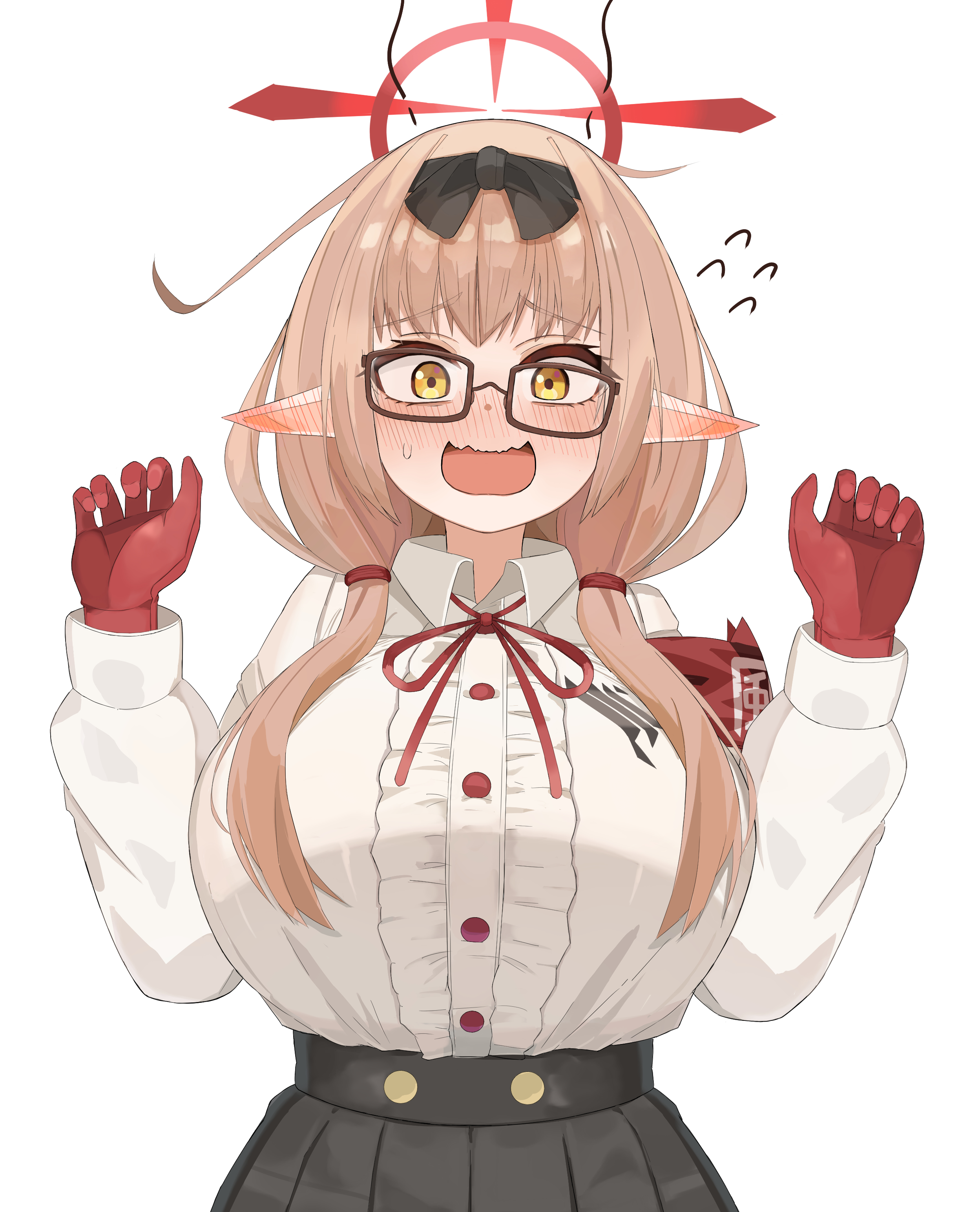 nanukotu, chinatsu (blue archive), blue archive, absurdres, commentary, highres, 1girl, armband, black hairband, black skirt, blush, breasts, brown-framed eyewear, brown hair, center frills, collared shirt, ear blush, flying sweatdrops, frills, glasses, gloves, hairband, halo, hands up, large breasts, long hair, low twintails, neck ribbon, open mouth, pleated skirt, pointy ears, rectangular eyewear, red armband, red gloves, red halo, red ribbon, ribbon, shirt, simple background, skirt, solo, sweatdrop, twintails, upper body, white background, white shirt, yellow eyes