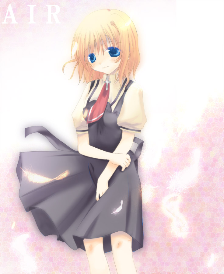 kayune niu, kamio misuzu, air (visual novel), 00s, blonde hair, blue eyes, feathers, school uniform, solo