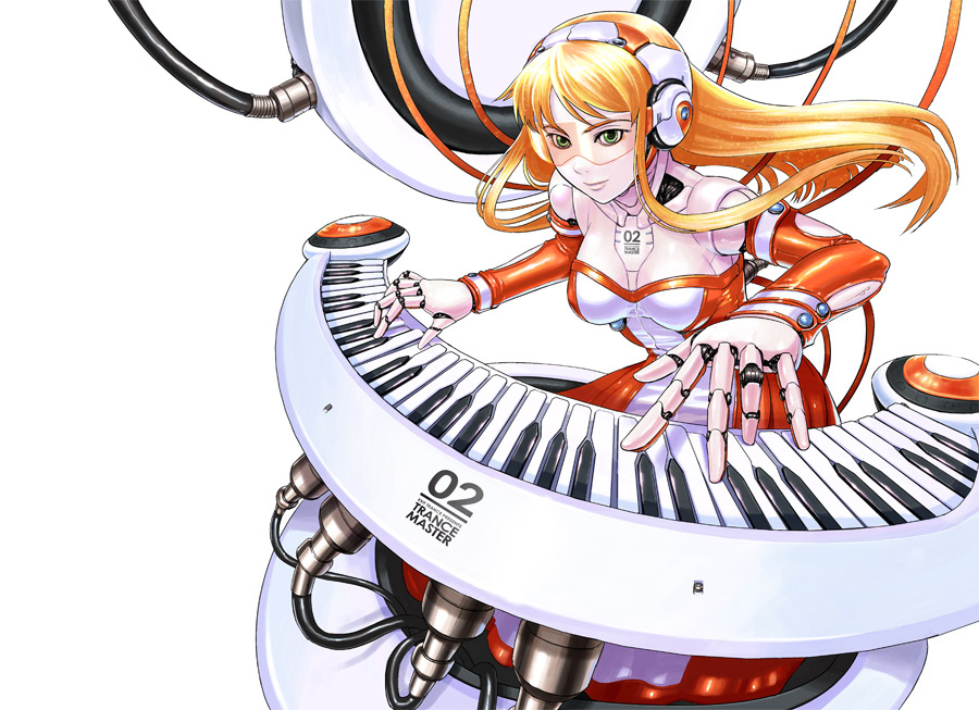 seo hiroshi, exit trance, exit tunes, original, visor, 1girl, android, bodysuit, breasts, dress, female focus, green eyes, headphones, instrument, keyboard, keyboard (instrument), large breasts, long hair, orange hair, solo, synthesizer