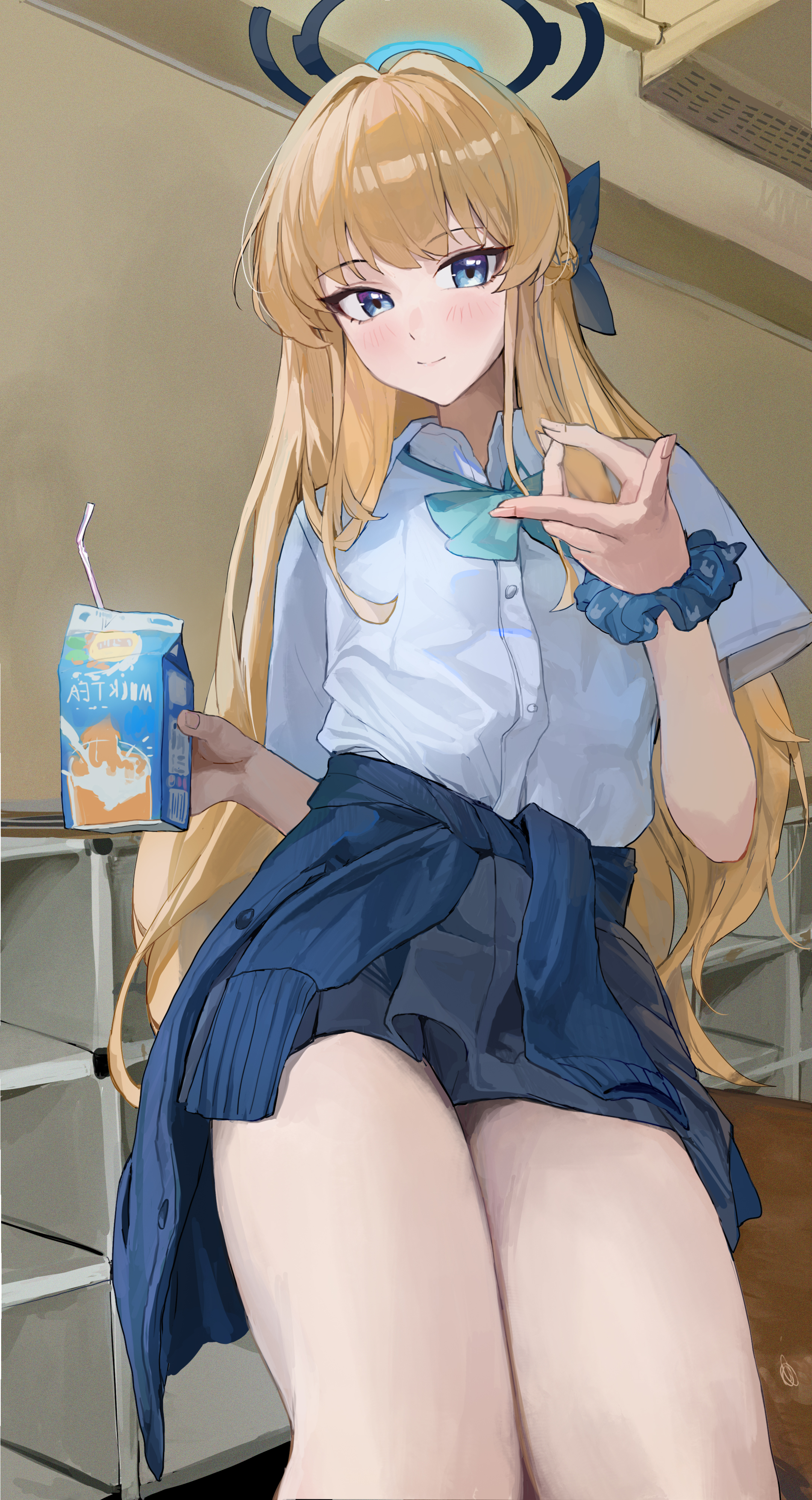 jianjia, toki (blue archive), toki (school uniform) (blue archive), blue archive, absurdres, highres, 1girl, aqua bow, aqua bowtie, bad anatomy, bad hands, black skirt, blonde hair, blue bow, blue cardigan, blue eyes, blush, bow, bowtie, braid, cardigan, cardigan around waist, clothes around waist, fingernails, gyaru, gyaru v, hair bow, half up braid, halo, holding carton, indoors, kogal, long hair, looking at viewer, miniskirt, official alternate costume, pleated skirt, school uniform, scrunchie, shirt, shirt tucked in, short sleeves, skirt, smile, solo, summer uniform, thighs, v, very long hair, white shirt, wrist scrunchie