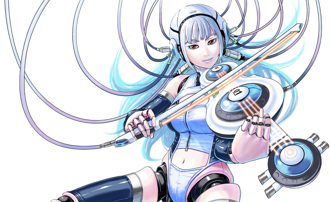 seo hiroshi, exit trance, exit tunes, original, android, blue hair, doll joints, helmet, instrument, joints, navel, red eyes, solo, violin