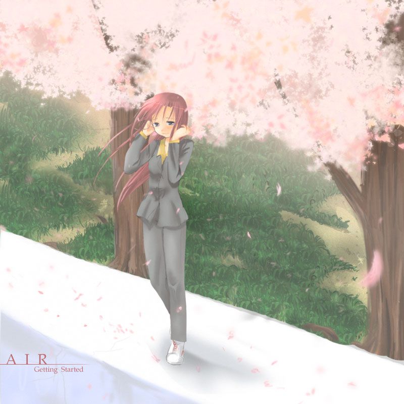 kayune niu, kamio haruko, air (visual novel), 00s, blue eyes, cherry blossoms, long hair, red hair, solo