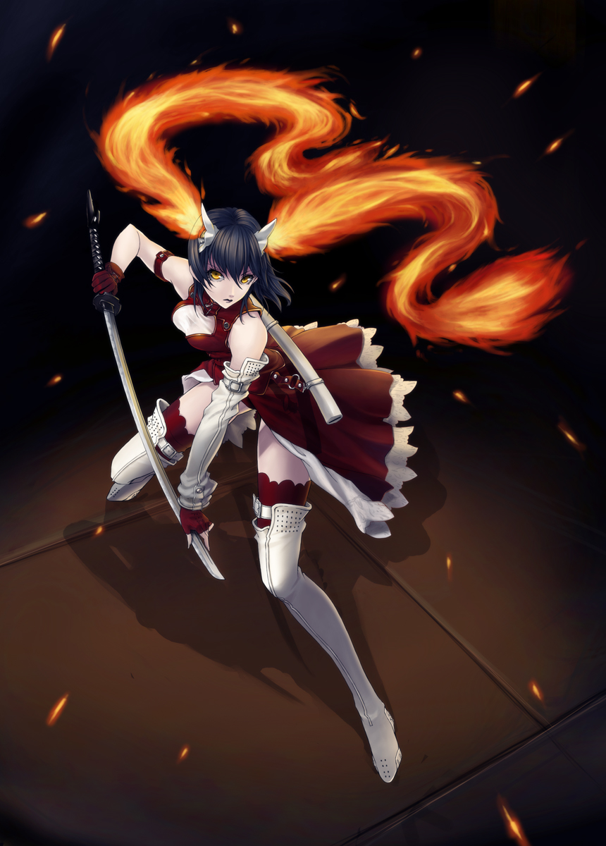kunishige keiichi, original, highres, 1girl, black hair, boots, breasts, demon girl, dress, female focus, fiery hair, fire, gloves, large breasts, lipstick, makeup, short hair, solo, sword, thigh boots, thighhighs, weapon, yellow eyes, zettai ryouiki