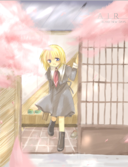 kayune niu, kamio misuzu, air (visual novel), 00s, blonde hair, blue eyes, english text, engrish text, ranguage, school uniform, solo