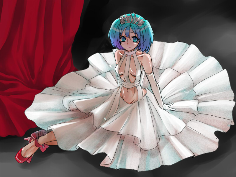 doru riheko, sareru (doru riheko), original, 1girl, blue eyes, blue hair, circlet, dress, elbow gloves, female focus, gloves, matching hair/eyes, short hair, sitting, solo
