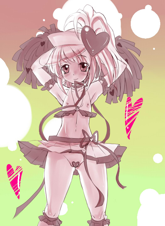 doru riheko, hinamori amu, shugo chara!, visor, armpits, flat chest, maebari, no panties, skirt, smile, solo, visor cap, wind, wind lift