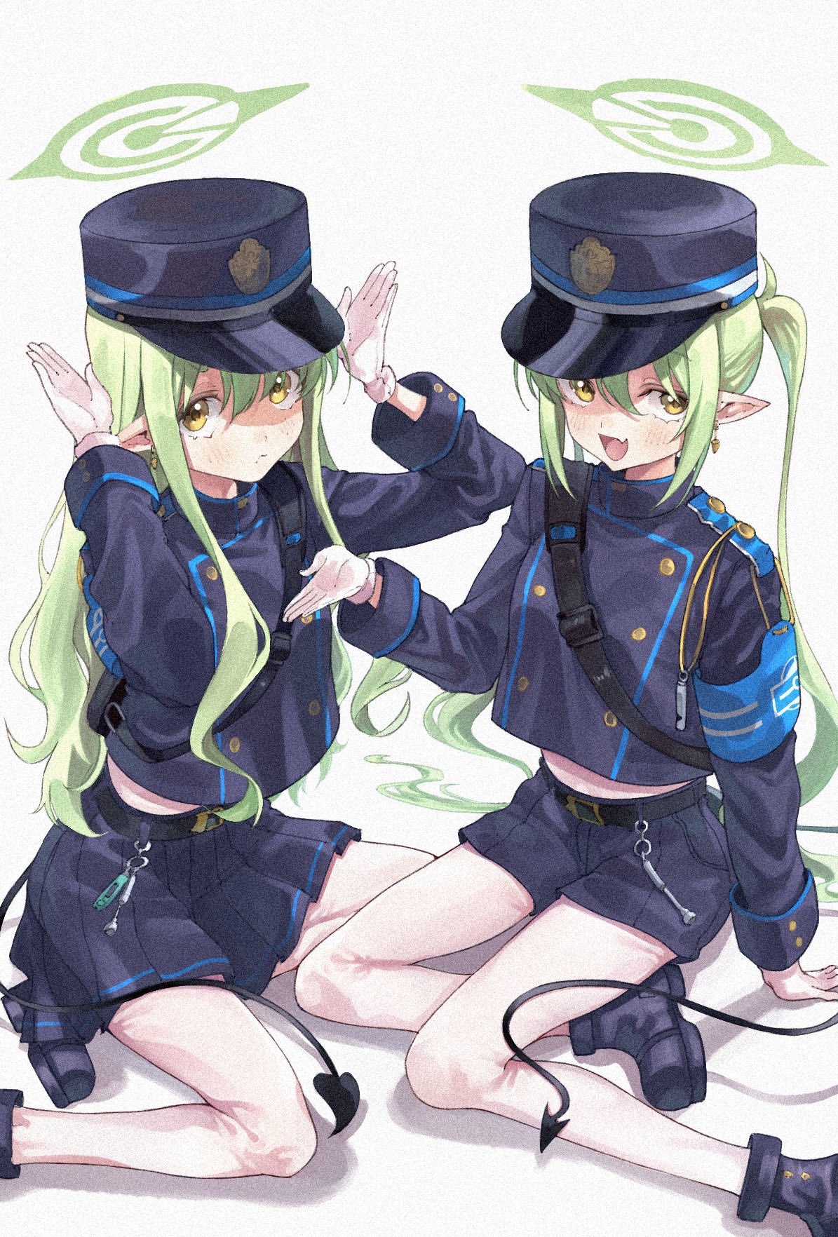 taroekaki, hikari (blue archive), nozomi (blue archive), blue archive, commentary, highres, 2girls, :<, :d, arm at side, armband, black boots, black hat, black jacket, black shorts, black skirt, blue armband, blush, boots, buttons, closed mouth, demon girl, demon tail, double-breasted, earrings, fang, film grain, foot out of frame, frown, gloves, green hair, green halo, hair between eyes, halo, hands up, hat, jacket, jewelry, long hair, long sleeves, looking at viewer, making faces, midriff, miniskirt, multiple girls, open mouth, pantyhose, peaked cap, pleated skirt, pointy ears, shorts, siblings, sidelocks, simple background, sisters, sitting, skin fang, skirt, smile, tail, twins, twintails, upturned eyes, very long hair, wavy hair, white background, white gloves, white pantyhose, yellow eyes, yokozuwari