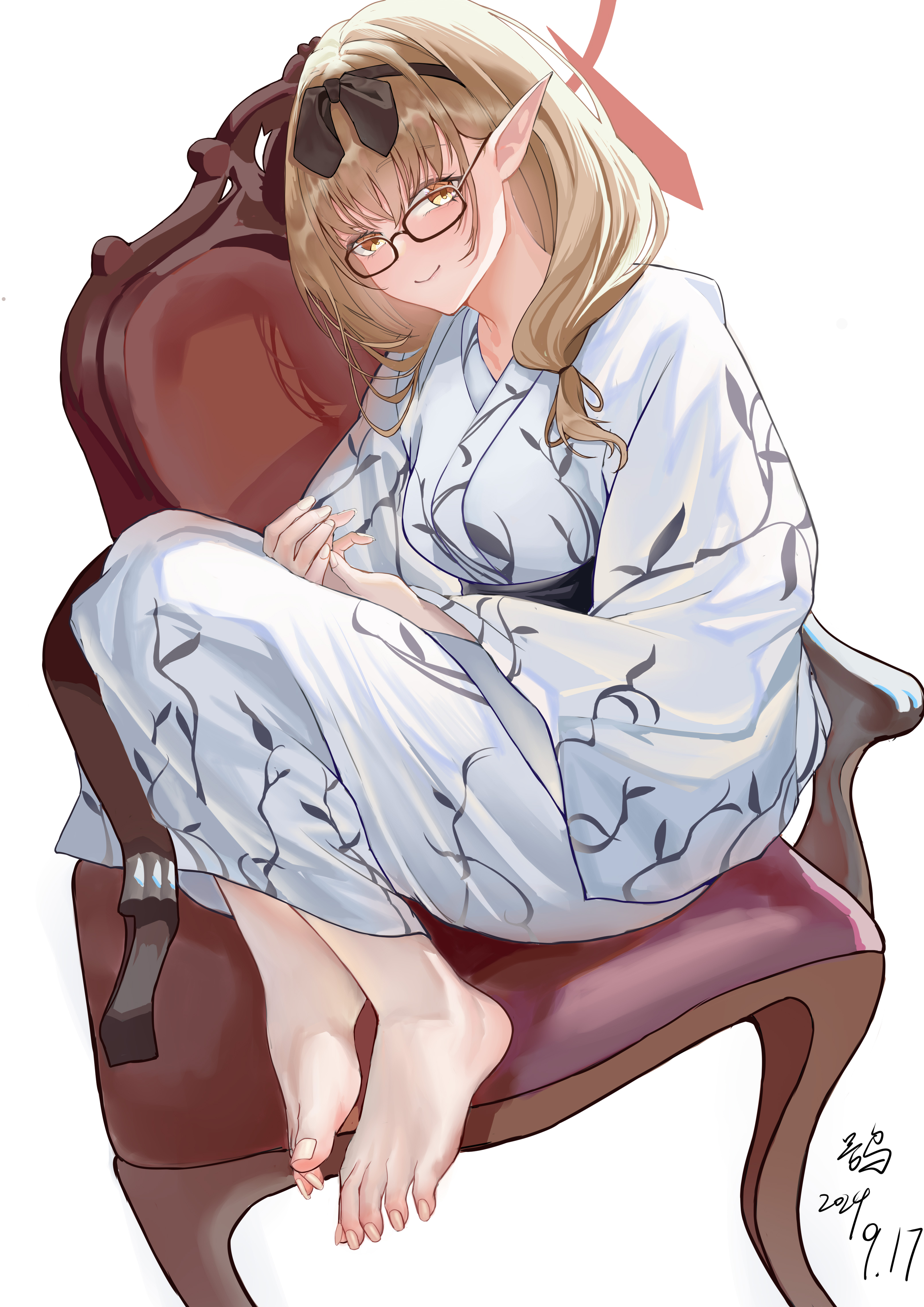 liuli xiao, chinatsu (blue archive), chinatsu (hot spring) (blue archive), blue archive, absurdres, commentary request, highres, 1girl, barefoot, bath yukata, black hairband, breasts, brown-framed eyewear, brown hair, chair, closed mouth, dated, feet, glasses, hairband, japanese clothes, kimono, knees up, large breasts, long hair, looking at viewer, low twintails, official alternate costume, on chair, pointy ears, rectangular eyewear, simple background, sitting, smile, solo, twintails, white background, white kimono, yellow eyes, yukata