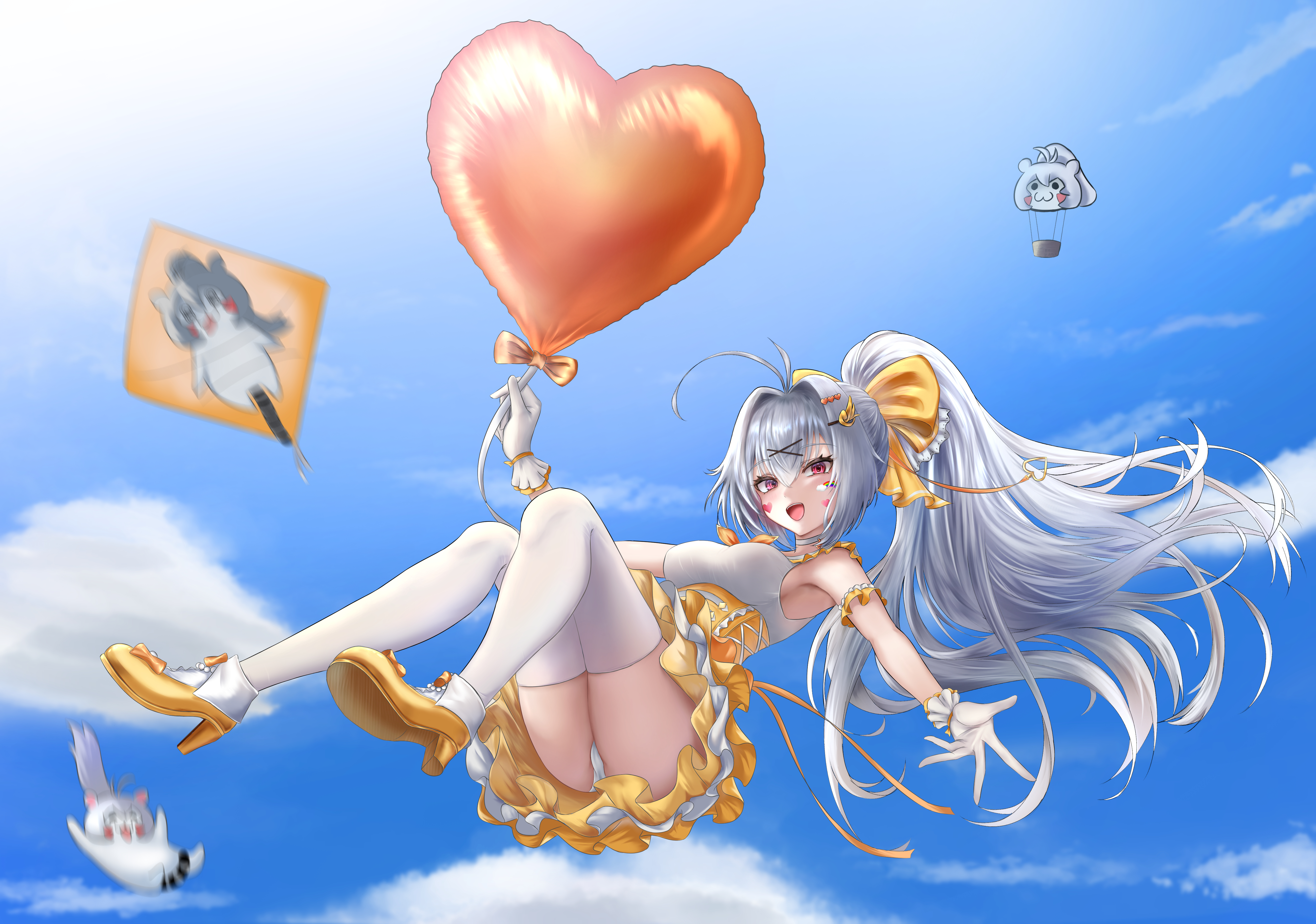 zaga, yuri (brown dust), yuridori (brown dust), brown dust (series), brown dust 2, absurdres, highres, 1girl, antenna hair, armpits, balloon, breasts, facial tattoo, falling, frilled skirt, frills, full body, gloves, gold shoes, grey hair, hair between eyes, hair intakes, heart, heart balloon, heart tattoo, high heels, holding, holding balloon, idol, long hair, looking at viewer, medium breasts, open mouth, panties, pantyshot, ponytail, red eyes, ribbon, shoes, skirt, smile, solo, tattoo, thighhighs, underwear, very long hair, white gloves, white panties, white thighhighs, yellow ribbon, yellow skirt