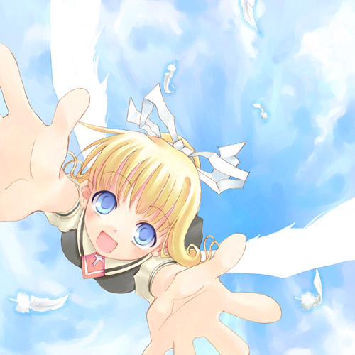 kito (sorahate), kamio misuzu, air (visual novel), lowres, 00s, 1girl, :d, blonde hair, blue eyes, child, day, feathers, female focus, foreshortening, hair ribbon, open mouth, ribbon, school uniform, sky, smile, solo, wings