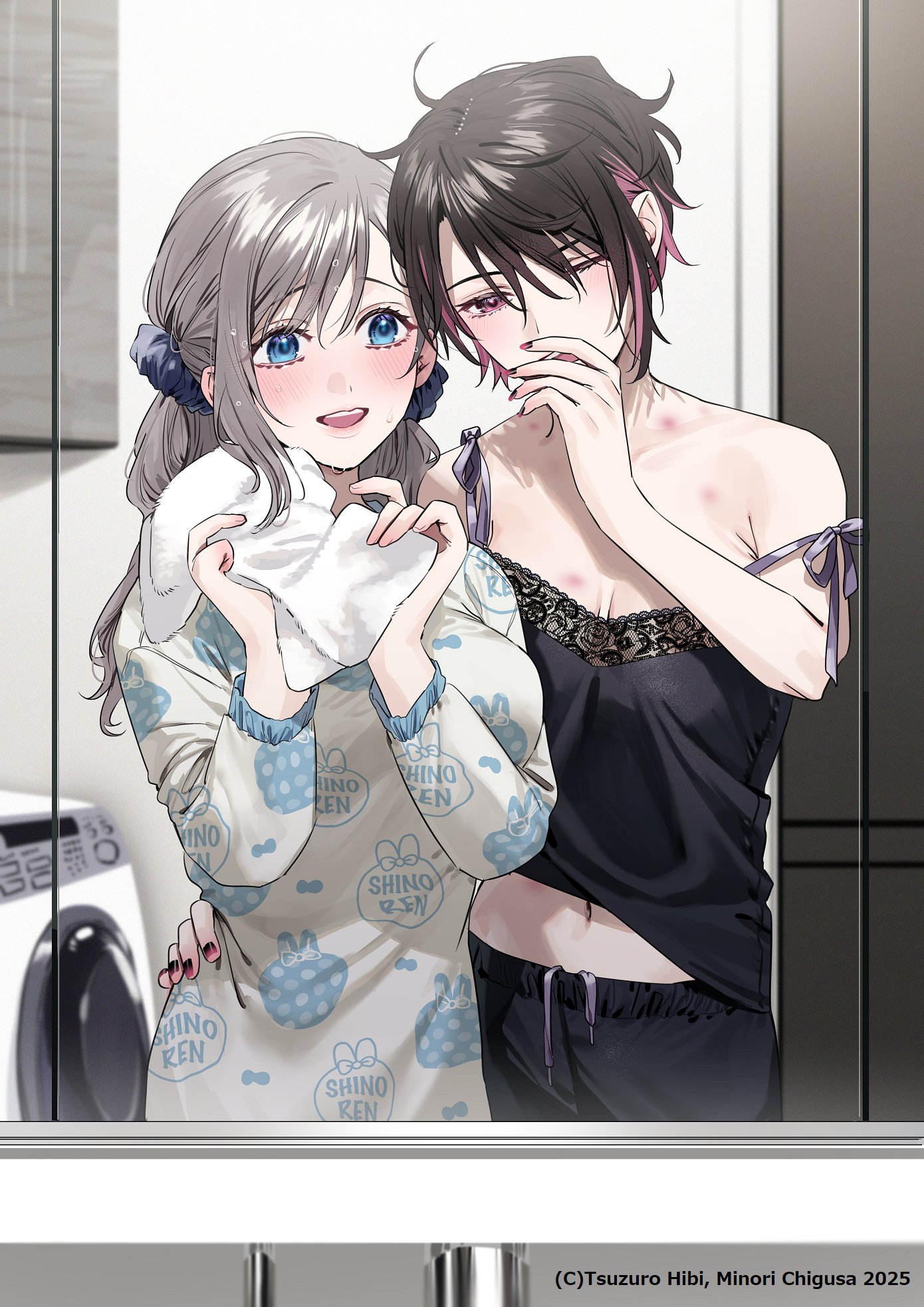 chigusa minori, saotome shino (shino to ren), shirayuki ren, shino to ren, commentary request, highres, official art, 2girls, black camisole, black hair, black nails, blue scrunchie, breasts, camisole, cleavage, colored inner hair, hair ornament, hair scrunchie, hickey, long hair, messy hair, midriff, multicolored hair, multiple girls, nail polish, navel, open mouth, pajamas, pink hair, purple nails, scrunchie, short hair, strap slip, yawning, yuri