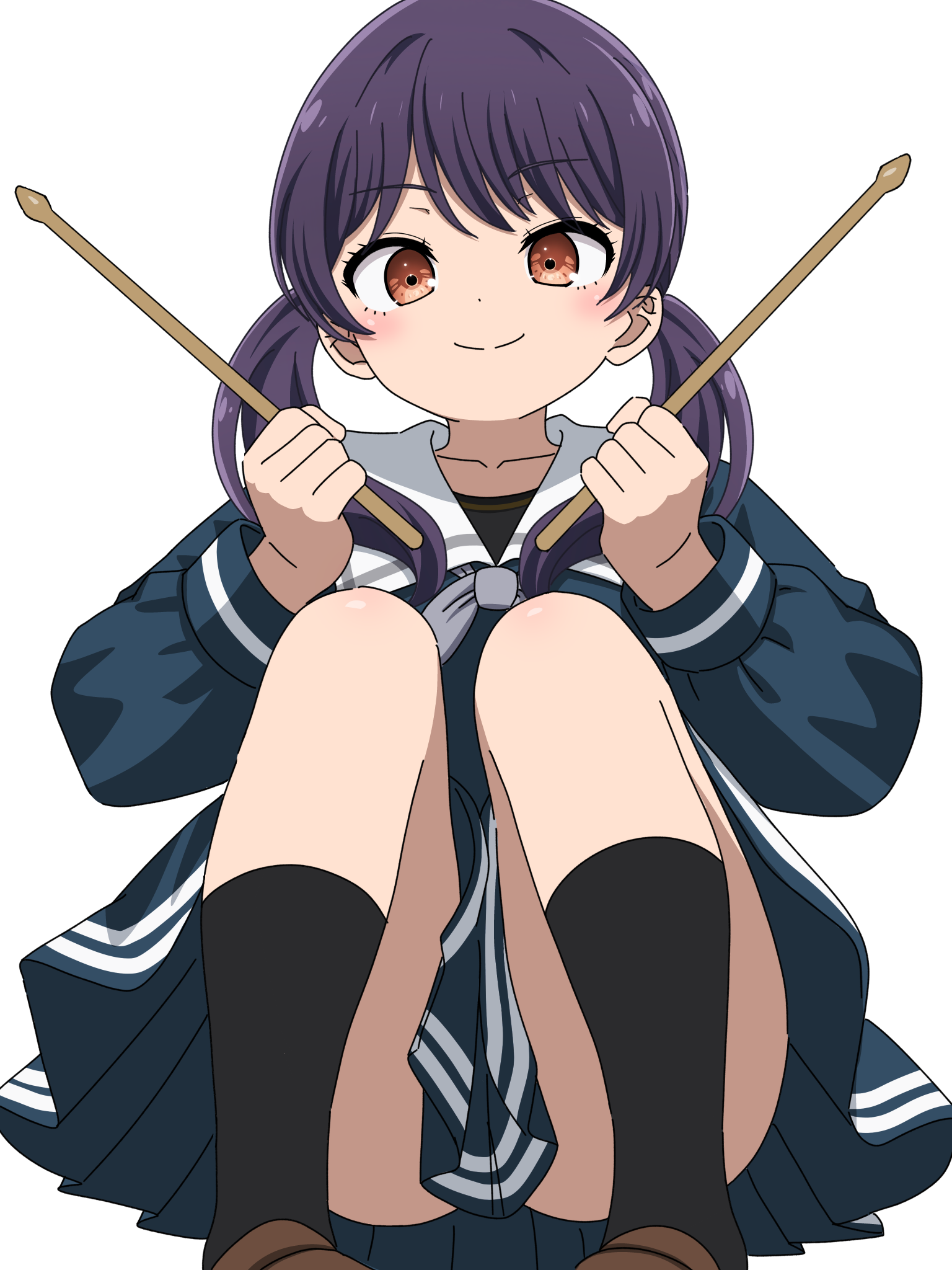 noshimurin, futaba tsukushi, bang dream!, commentary, highres, 1girl, black socks, blue shirt, blue skirt, brown eyes, closed mouth, drumsticks, holding, holding drumsticks, long hair, long sleeves, looking at viewer, pleated skirt, purple eyes, shirt, simple background, skirt, socks, solo, white background