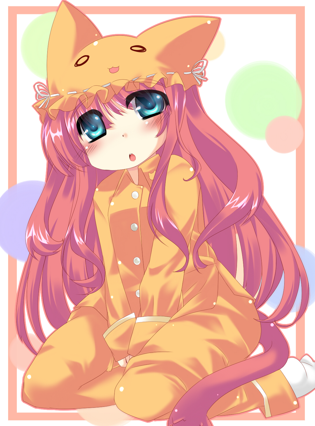 alfred (artist), original, highres, blue eyes, blush, cat tail, hat, long hair, pajamas, pink hair, socks, solo, tail, very long hair