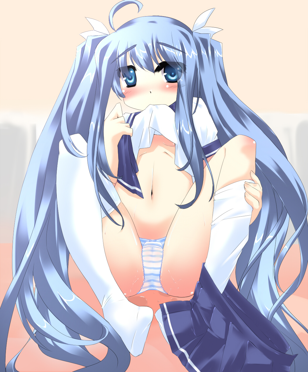 alfred (artist), original, highres, 1girl, ahoge, blue eyes, blue hair, blush, bottomless, breasts, female focus, hair ribbon, long hair, matching hair/eyes, mouth hold, navel, no pants, panties, pussy juice, ribbon, school uniform, see-through clothes, serafuku, small breasts, solo, striped clothes, striped panties, thighhighs, twintails, underboob, underwear, very long hair, wet, white thighhighs
